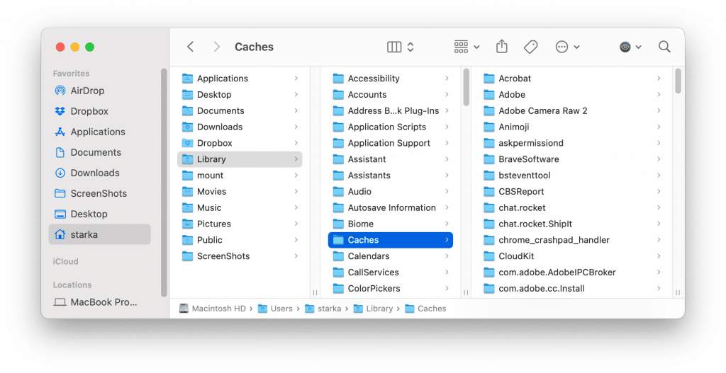 Finder window showing the Caches folder