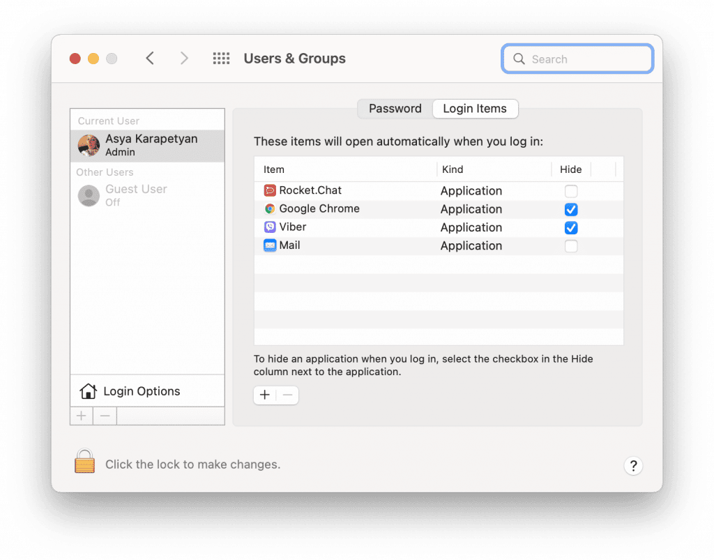 System Preferences showing where to disable login items